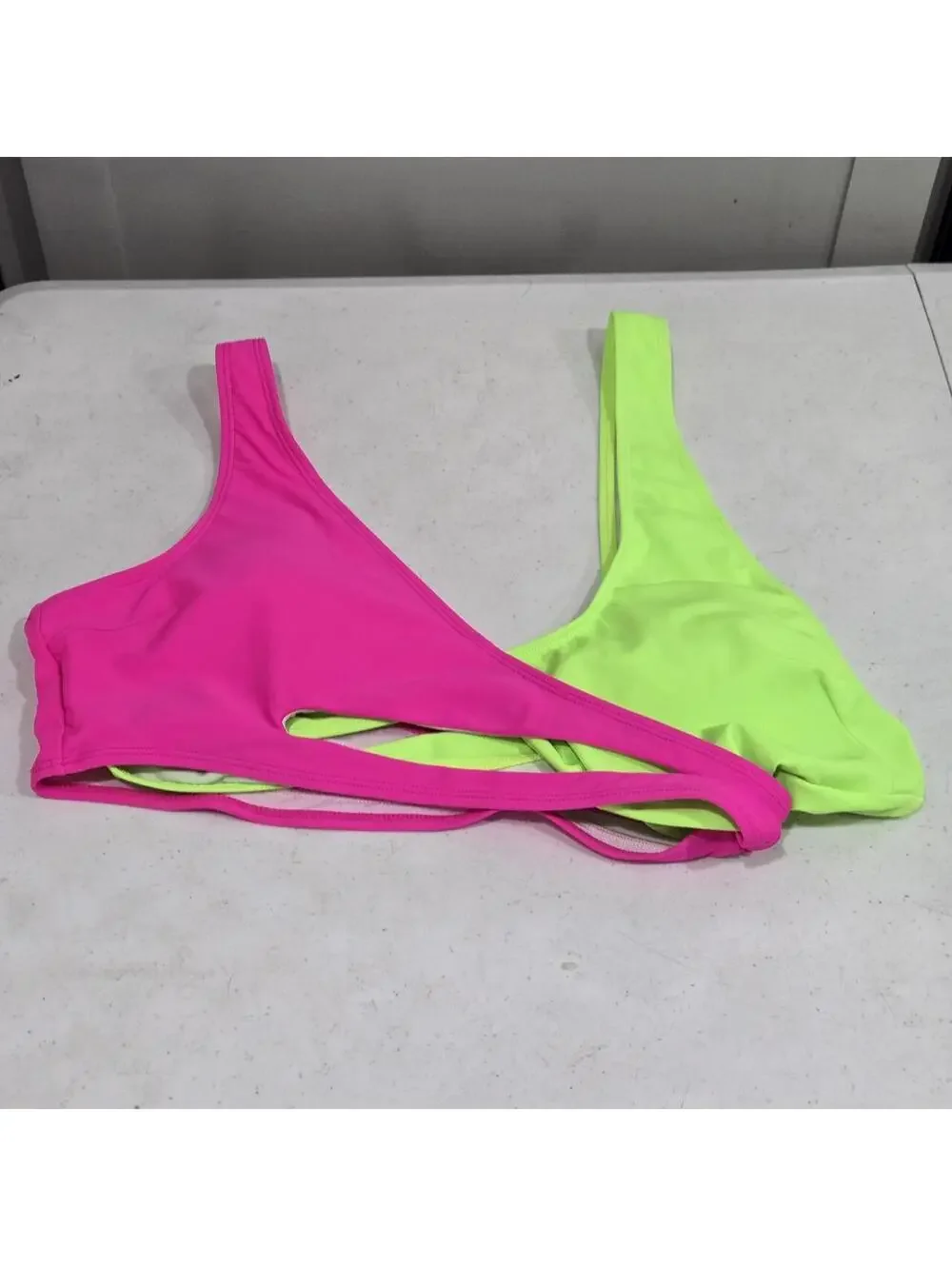 -Neon green and pink bikini top